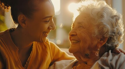 Professional helpful caregiver comforting smiling senior woman at nursing home