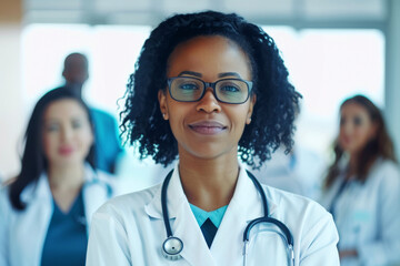Portrait of young African-American female doctor with her colleagues in the background. - 744842413