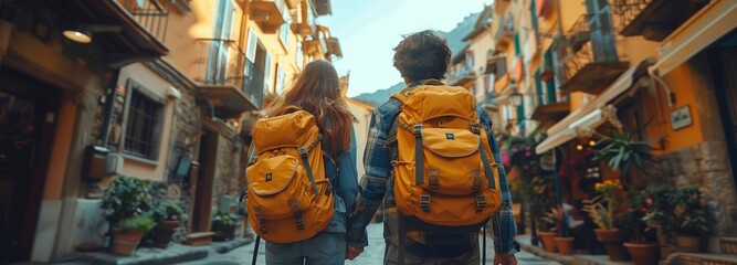 Traveling couple with backpacks strolling through citys narrow road - obrazy, fototapety, plakaty