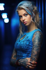 Captivating ink: a bold tattoo on beautiful girl, celebrating artistry, confidence, and individuality of feminine self-expression striking body art in a mesmerizing display of beauty and boldness.