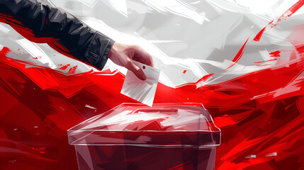 Stylized voting scene with a ballot being cast, dynamic red strokes illustrating urgency. Poland flag