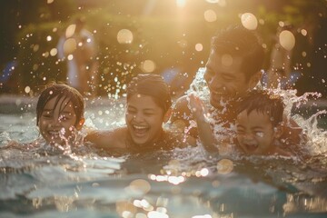 Joyful Family Playtime in Pool with Sparkling Water Drops at Sunset