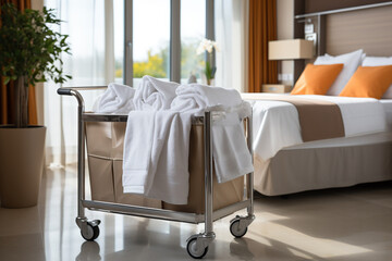 Hotel maid trolley, trolley with clean towels. Room cleaning concept. - obrazy, fototapety, plakaty