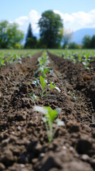 Young plant sprouting in rich soil with blurred farm background