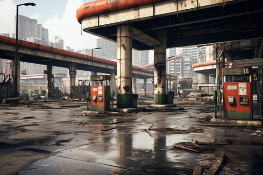 Desolate urban gas station with scattered debris, rusted cars, broken windows, and overgrown foliage creating a haunting post-apocalyptic atmosphere, 3D rendering illustration.