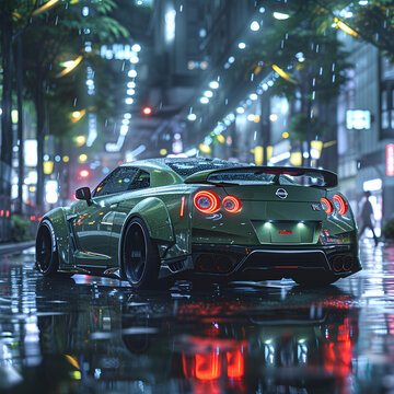 Olive Nissan GTR with wide bodykit and stance silver wheels, shot under bridge in night , neon reflecion on the car from ground, in the background see night city light with motion blur