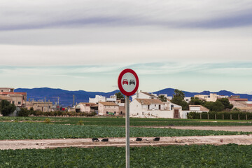 Landscape with no overtaking road sign in Spain