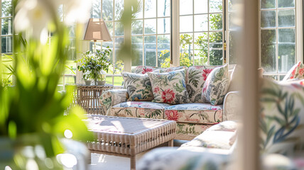 Cottage conservatory room decor, interior design and house improvement, garden furniture with sofa and home decor, English country house