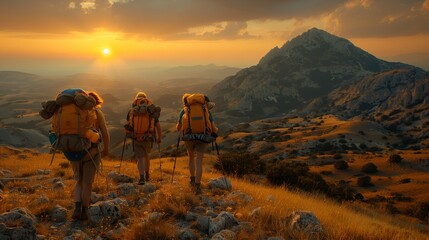 Group hiking up mountain at sunset, admiring natural landscape and colorful sky - obrazy, fototapety, plakaty