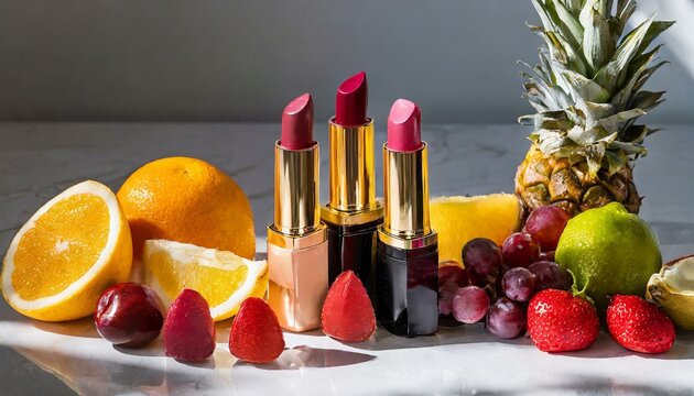 A set of lipsticks of vibrant colors next to a group of fruits on white background with shadow. Natural make-up. Organic cosmetic.