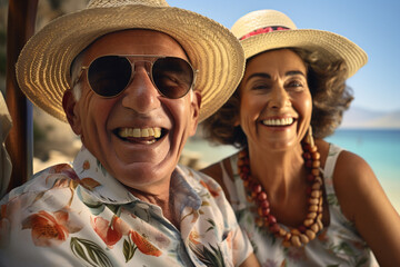 Happy retirees, pensioners. summer vacation holidays beach, ship and sea, cocktails, travel, happy old age, enjoying life. Grandmother and grandfather, grandparents.