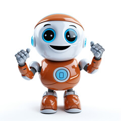 Obraz na płótnie Canvas 3d render,Cute robot with smiling face waving its hand. Chatbot greets. isolated on white backdrop.