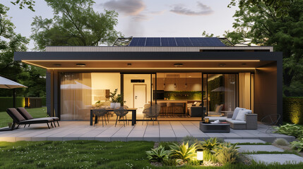 Fototapeta na wymiar Chic House Design with Outdoor Patio and Eco-Friendly Solar Panels 
