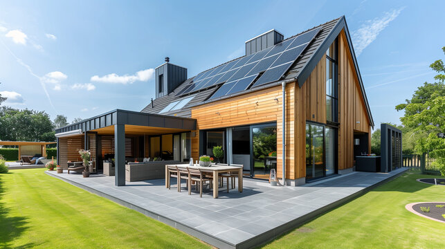 Futuristic Home Design with Patio Sanctuary and Sustainable Solar Panels