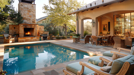 Tranquil Garden Oasis featuring Outdoor Seating, Poolside Relaxation, and Fireplace
