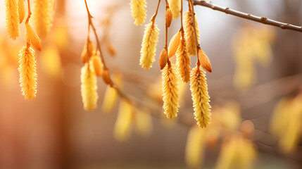 close up of willow catkins on a blurred forest background