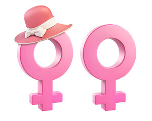 3D Rendering Pink Female Symbol And Pink Female Symbol Wearing Hat Isolated On Transparent Background, PNG File Add