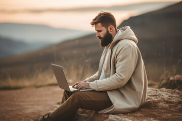 young bearded man in hoodie using digital laptop computer outdoors at nature, sitting on hill