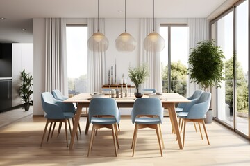 Obraz premium Scandinavian dining room interior in light colors with wooden table and chairs. House apartment design in a minimalist style