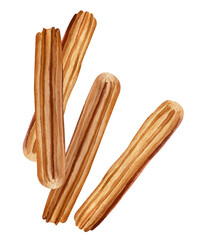 Big set of watercolor churros. Spanish snack. Sweet  mexican dessert. Hand-drawn illustration isolated on transparent for your design. 	