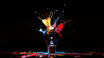 a light bulb with an explosion of colorful paint splashing out from the top, symbolizing creativity and innovation.