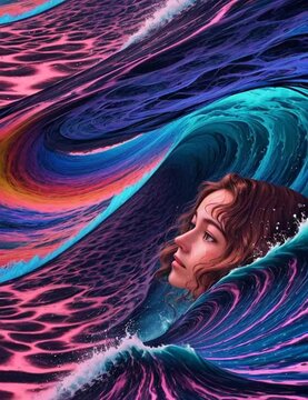A journey through cosmic fractal trippy waves with emerging beautiful female face in the universe of transforming psychedelic geometry and waves. 