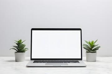 Laptop white blank screen mockup on the table on a white background, Front view