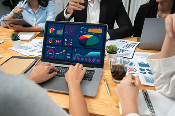 Financial data analysis dashboard by Fintech BI or business intelligence display on laptop screen...