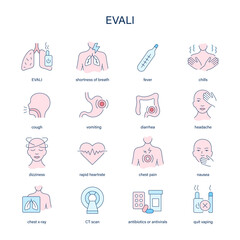 EVALI, e-cigarette or vaping product use-associated lung injury vector icon set. 	Symptoms, diagnostic and treatment vector medical icons. 