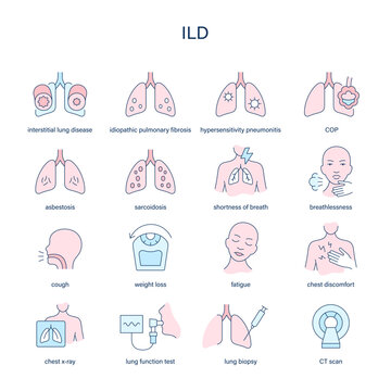 ILD, Interstitial Lung Disease symptoms, diagnostic and treatment vector icons. Medical icons.