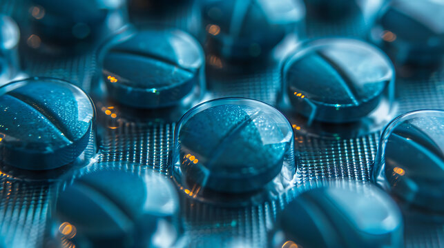 The image shows a close-up view of blue pills packaged in a blister pack. The pills are round and uniform in color, encased in a silver blister pack with a reflective surface.
