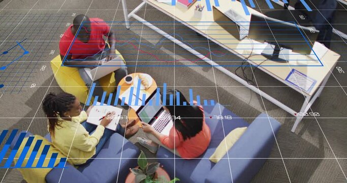 Animation of financial data processing over diverse businesspeople in office