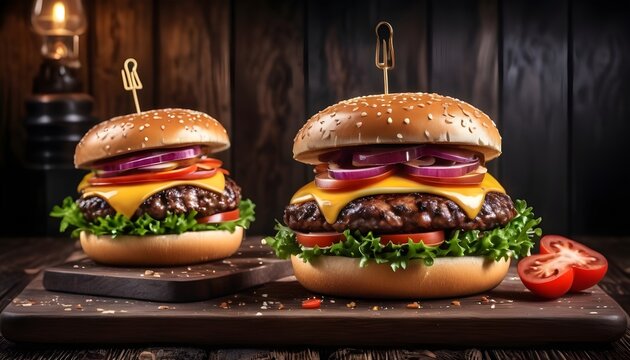 Two cheeseburgers on wooden table with a vintage lamp, dark background, 