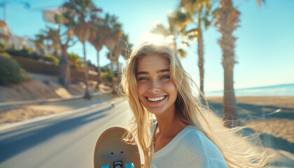portrait of Cheerfull beautiful blonde hair young woman with skateboard, curly hair looking at camera on the seaside resort.Gorgeous human beauty, fashion, vacations and active lifestyle concept image - obrazy, fototapety, plakaty