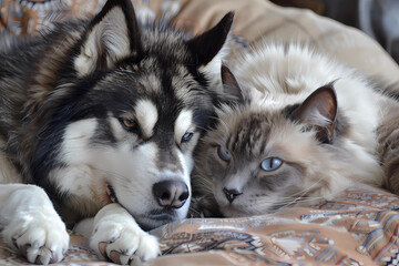 The Alaskan Malamute dog and Ragdoll cat form an inseparable bond, their contrasting yet complementary personalities creating a heartwarming friendship characterized by mutual trust
