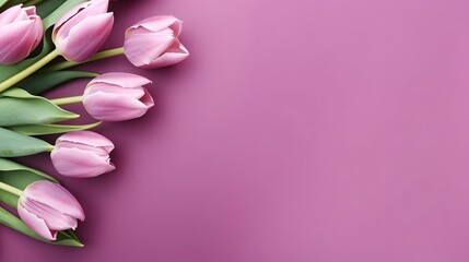 Bouquet of lilac tulips on lilacbackground, top view, with copy space for text. Greeting card for Valentine's Day, Woman's Day, .Mothers day