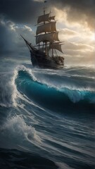 Majestic Ship Confronting the Fury of the Ocean Waves at Dawn
