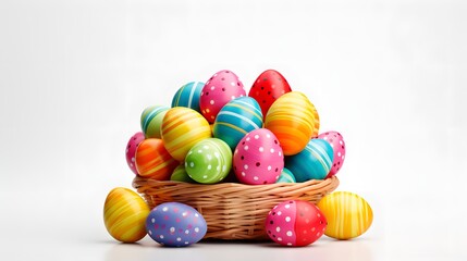 Fototapeta na wymiar Wicker basket with Easter colored eggs isolated on white background