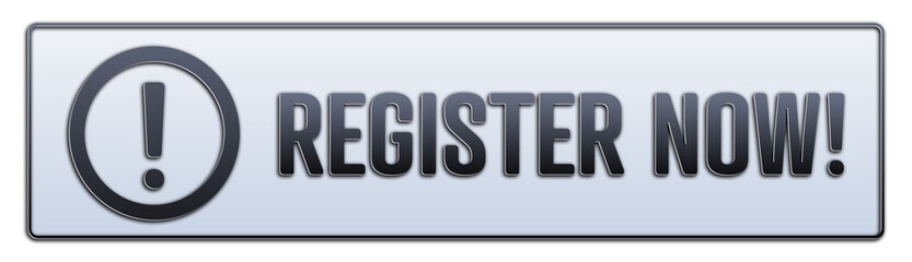 Register now. Ein weiss grauer Banner mit Schwarzem Text.