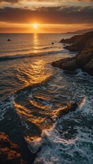 Golden Sunset Glow Over Tranquil Sea, Coastal Cliffs Basking in Radiant Ligh