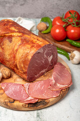 Smoked ribeye. Delicious cold smoked ribeye on cutting board