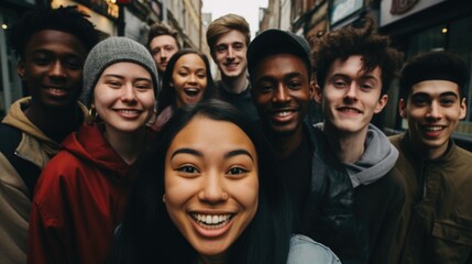 Global smiles: capturing joy in group selfies of cheerful and happy young people diverse nationalities, celebrating unity, friendship, cultural harmony in shared moments of happiness and togetherness. - obrazy, fototapety, plakaty