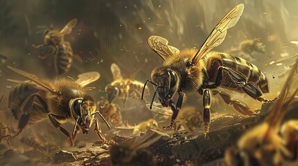 big drone bees (male honey bee) and bee workers, generative ai - obrazy, fototapety, plakaty