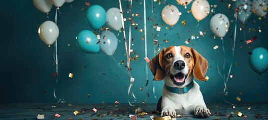 In this delightful image, a dog dons a party hat, creating a playful atmosphere as it extends a heartwarming birthday greeting, exuding charm and celebration in every wag and bark. - obrazy, fototapety, plakaty
