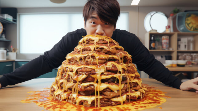 Asian man youtuber, streammer or influencer recording Mukbang content sitting at studio setup table ready to eat lot of fast food with meat and dripping cheese. South Korea eating show broadcast.