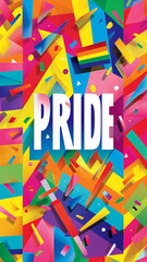 Rainbow multicolored shapes background and white word PRIDE