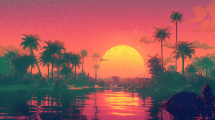 Futuristic retro landscape of the 80`s. Futuristic illustration of sun with mountains in retro style. Digital Retro Cyber Surface. Suitable for design in the style of the 1980`s.

