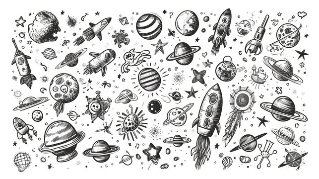 Hand-Drawn Doodles Cartoon Set of Space Objects and Celestial Bodies. Creative Vector Illustrations.