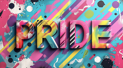 Pastel multicolored shapes background and the word PRIDE