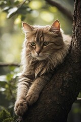 Regal Feline Majesty: Majestic Tabby Cat Perched Amongst Lush Greenery
